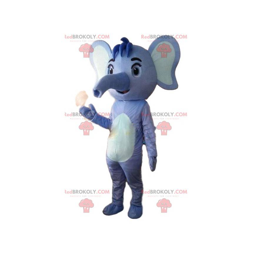 Mascotte d'éléphant bleu et blanc, costume d'éléphanteau bleu -