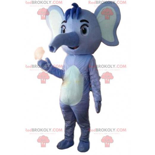 Mascote elefante azul e branco, fantasia de elefante azul -