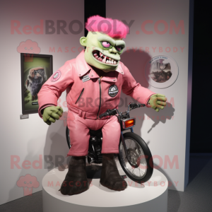 Pink Frankenstein'S Monster mascot costume character dressed with a Moto Jacket and Cufflinks