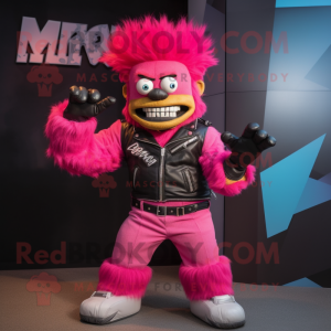 Pink Frankenstein'S Monster mascot costume character dressed with a Moto Jacket and Cufflinks