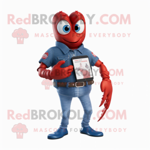 Red Lobster Bisque mascot costume character dressed with a Denim Shorts and Smartwatches