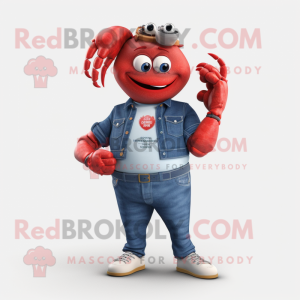 Red Lobster Bisque mascot costume character dressed with a Denim Shorts and Smartwatches