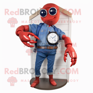 Red Lobster Bisque mascot costume character dressed with a Denim Shorts and Smartwatches