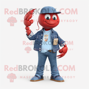 Red Lobster Bisque mascot costume character dressed with a Denim Shorts and Smartwatches
