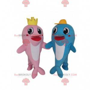 Mascotes golfinhos, um rosa e um azul, casal de golfinhos -