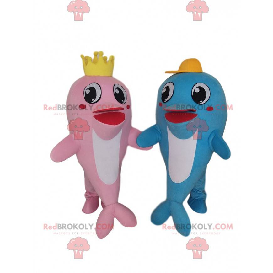 Mascotes golfinhos, um rosa e um azul, casal de golfinhos -