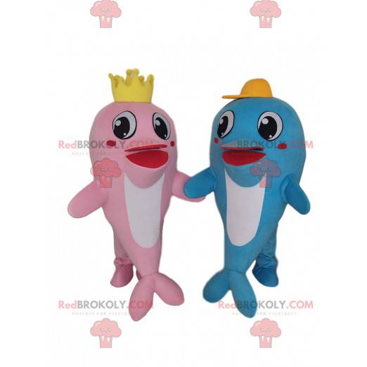 Mascottes de dauphins, un rose et un bleu, couple de dauphins -