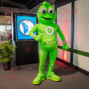 Lime Green Horseshoe mascot costume character dressed with a Rash Guard and Digital watches