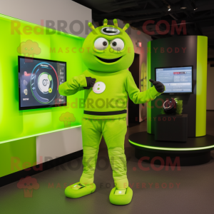 Lime Green Horseshoe mascot costume character dressed with a Rash Guard and Digital watches