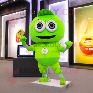 Lime Green Horseshoe mascot costume character dressed with a Rash Guard and Digital watches