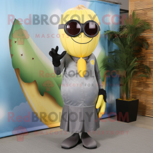 Gray Banana mascot costume character dressed with a A-Line Dress and Sunglasses