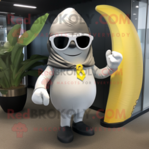 Gray Banana mascot costume character dressed with a A-Line Dress and Sunglasses