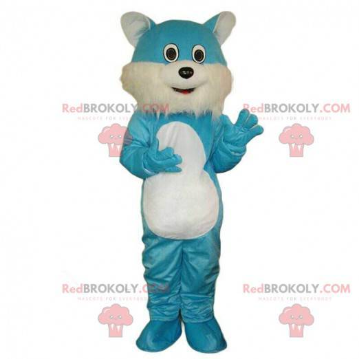 Blauwe en witte kat mascotte, cartoon kattenkostuum -