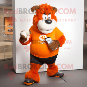 Orange Bison mascot costume character dressed with a Running Shorts and Smartwatches