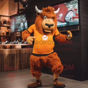 Orange Bison mascot costume character dressed with a Running Shorts and Smartwatches