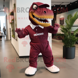 Maroon Tyrannosaurus mascot costume character dressed with a Joggers and Suspenders