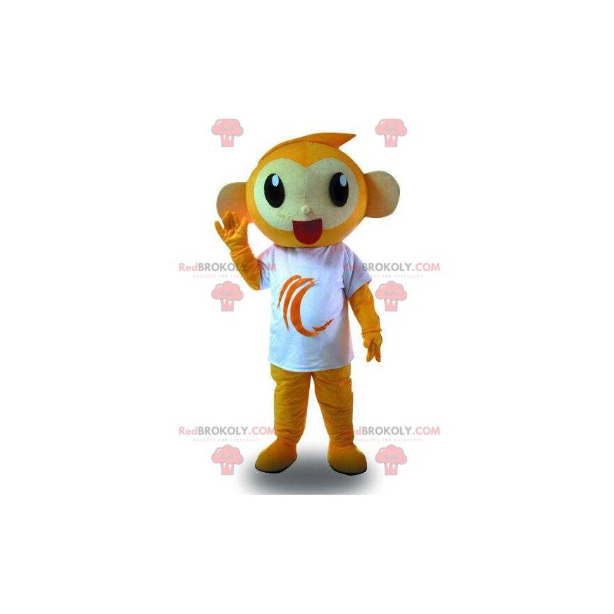 Orange Affenmaskottchen mit einem weißen T-Shirt, bunter