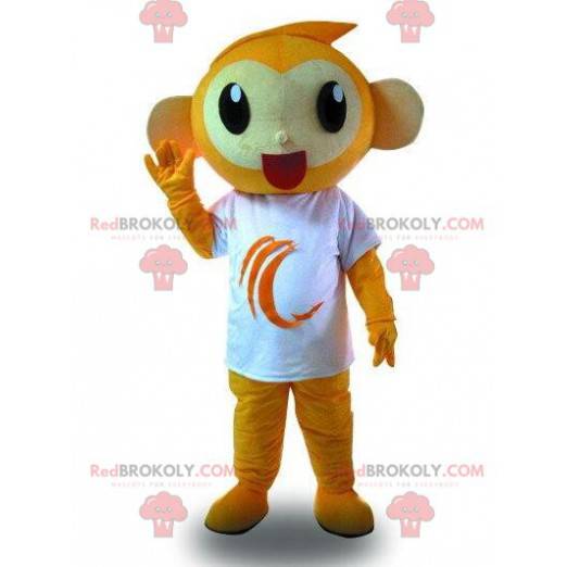 Pomarańczowa małpka maskotka z białą koszulką, kolorowy