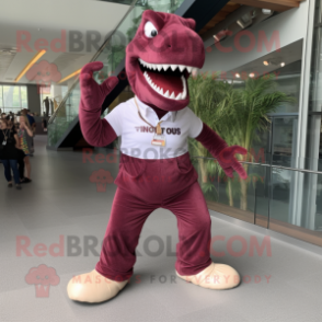 Maroon Tyrannosaurus mascot costume character dressed with a Joggers and Suspenders