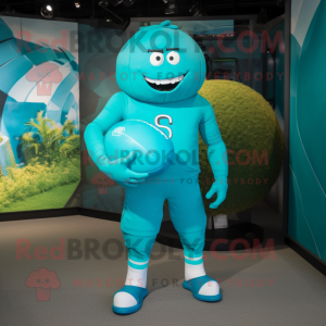 Turquoise Rugby Ball mascot costume character dressed with a Bodysuit and Bracelets