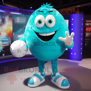 Turquoise Rugby Ball mascot costume character dressed with a Bodysuit and Bracelets