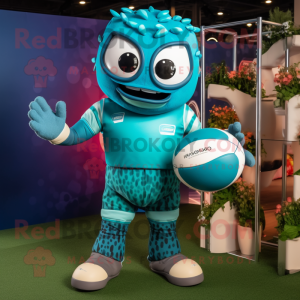 Turquoise Rugby Ball mascot costume character dressed with a Bodysuit and Bracelets