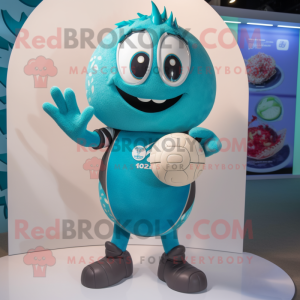 Turquoise Rugby Ball mascot costume character dressed with a Bodysuit and Bracelets