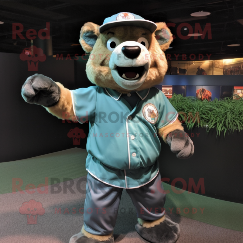 Turquoise Spectacled Bear mascot costume character dressed with a Baseball Tee and Tie pins