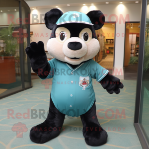 Turquoise Spectacled Bear mascot costume character dressed with a Baseball Tee and Tie pins