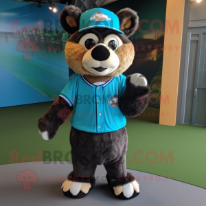 Turquoise Spectacled Bear mascot costume character dressed with a Baseball Tee and Tie pins