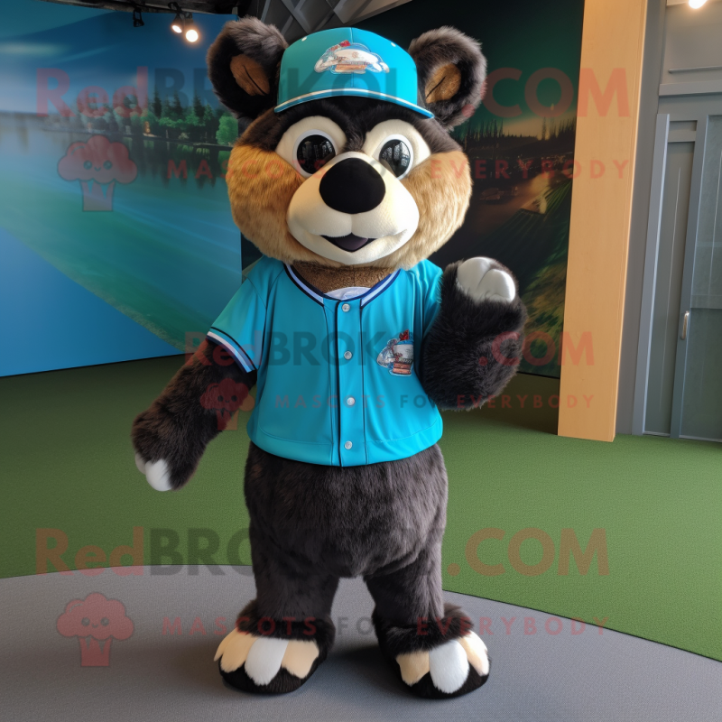 Turquoise Spectacled Bear mascot costume character dressed with a Baseball Tee and Tie pins