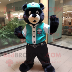 Turquoise Spectacled Bear mascot costume character dressed with a Baseball Tee and Tie pins