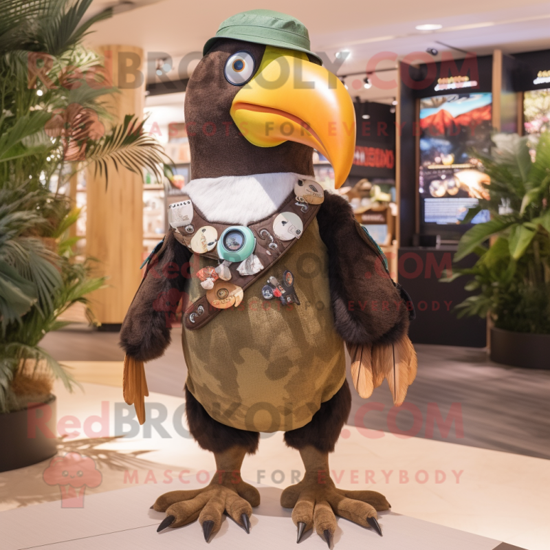 Brown Toucan mascot costume character dressed with a Playsuit and Brooches