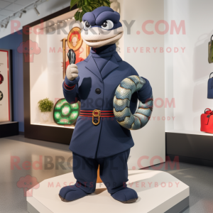 Navy Snake mascot costume character dressed with a Turtleneck and Handbags