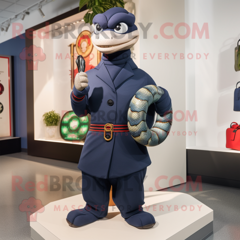 Navy Snake mascot costume character dressed with a Turtleneck and Handbags Navy Snake mascot costume character dressed with a Turtleneck and Handbags