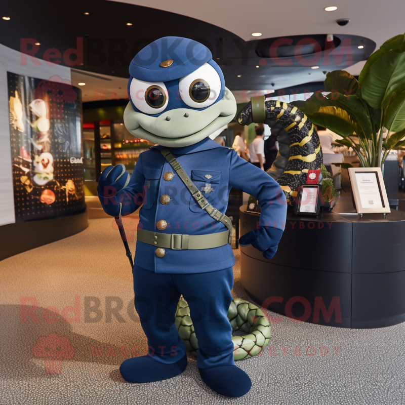 Navy Snake mascot costume character dressed with a Turtleneck and Handbags