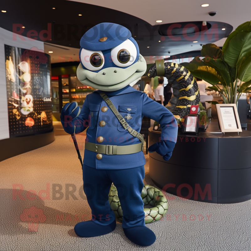 Navy Snake mascot costume character dressed with a Turtleneck and Handbags Navy Snake mascot costume character dressed with a Turtleneck and Handbags