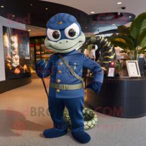 Navy Snake mascot costume character dressed with a Turtleneck and Handbags