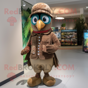 Brown Peacock mascot costume character dressed with a Corduroy Pants and Caps