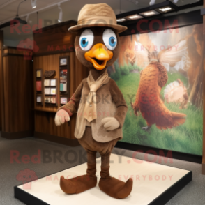 Brown Peacock mascot costume character dressed with a Corduroy Pants and Caps