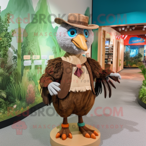 Brown Peacock mascot costume character dressed with a Corduroy Pants and Caps