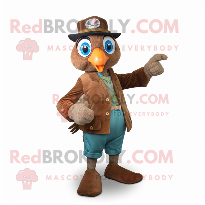 Brown Peacock mascot costume character dressed with a Corduroy Pants and Caps