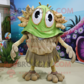 Olive Hermit Crab mascot costume character dressed with a Playsuit and Hairpins