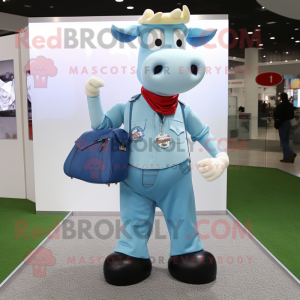 Sky Blue Jersey Cow mascot costume character dressed with a Skinny Jeans and Messenger bags