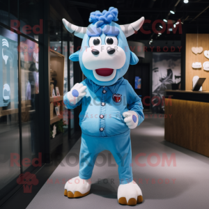 Sky Blue Jersey Cow mascot costume character dressed with a Skinny Jeans and Messenger bags