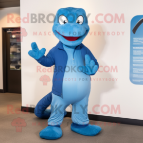 Blue Titanoboa mascot costume character dressed with a Jacket and Beanies