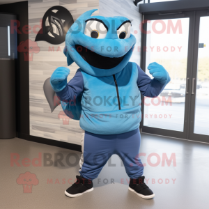 Blue Titanoboa mascot costume character dressed with a Jacket and Beanies