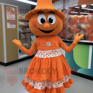 Orange Jambalaya mascot costume character dressed with a Midi Dress and Belts