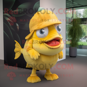 Yellow Piranha mascot costume character dressed with a A-Line Skirt and Hats