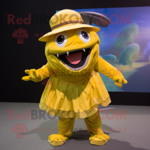 Yellow Piranha mascot costume character dressed with a A-Line Skirt and Hats